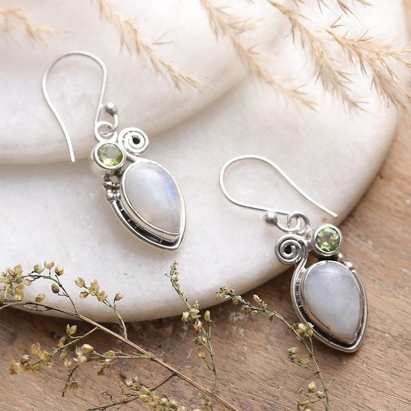 Alternate image for Rainbow Moonstone and Peridot Dangle Earrings from India Springtime Harmony
