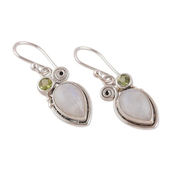 Alternate image for Rainbow Moonstone and Peridot Dangle Earrings from India Springtime Harmony