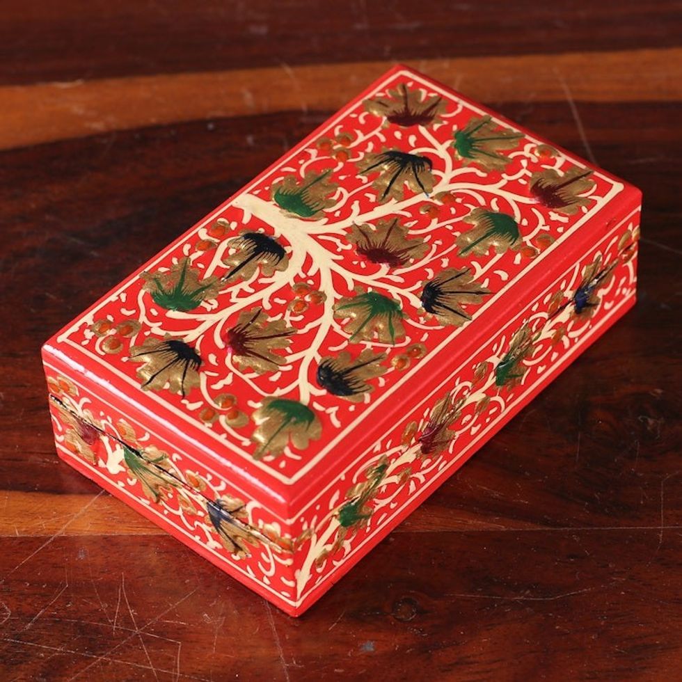 Tree-Themed Red and Golden Papier Mache Decorative Box 'Red Nature'