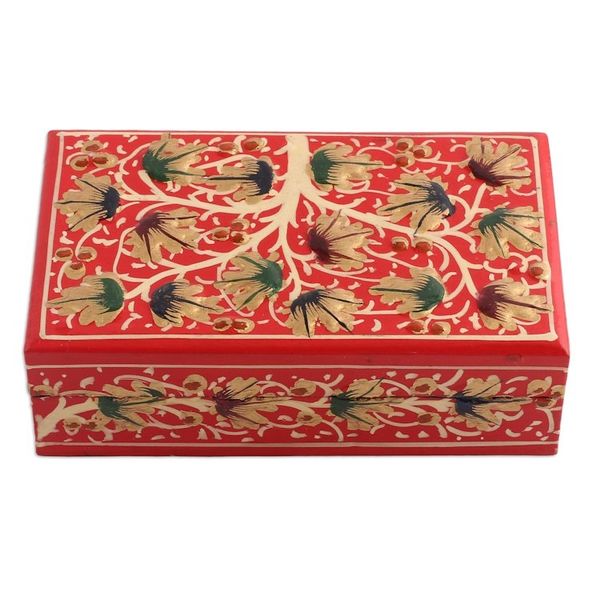 Alternate image for Tree-Themed Red and Golden Papier Mache Decorative Box Red Nature