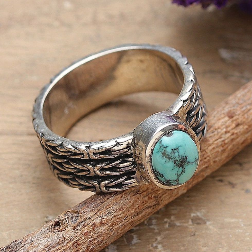 Oxidized and Polished Recon Turquoise Single Stone Ring 'Lagoon Glow'