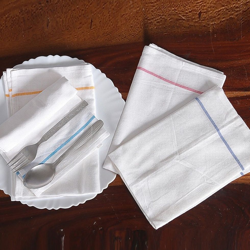 Set of 4 Handwoven Cotton Napkins with Colorful Lines 'Joyous Meals'