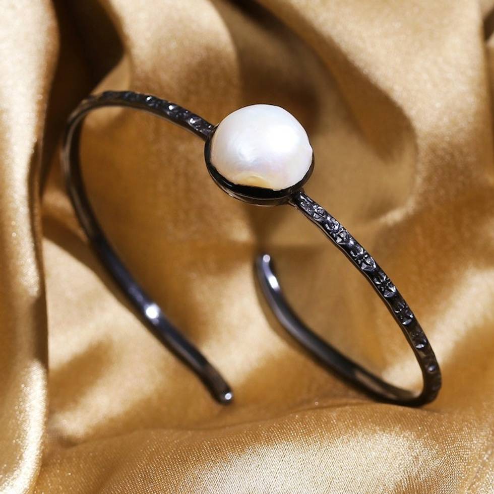 Oxidized Sterling Silver and Cream Pearl Cuff Bracelet 'Delicate Goddess'