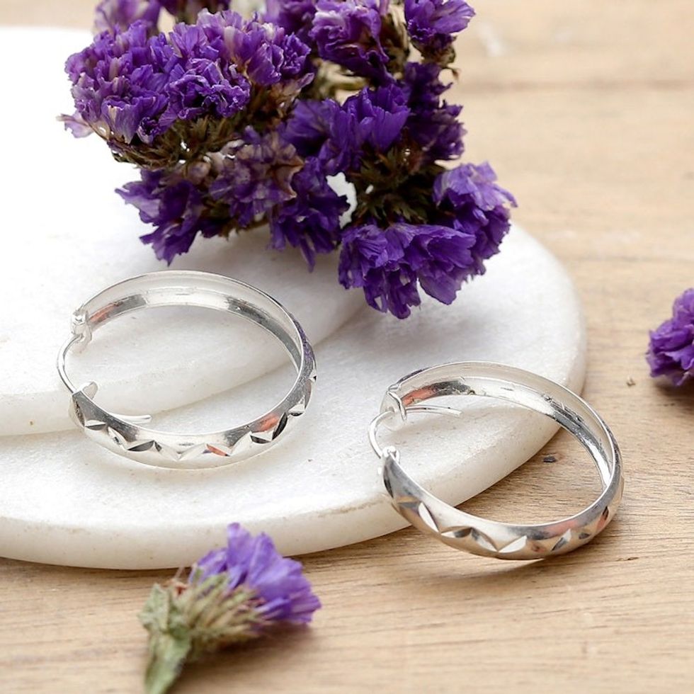Big Sterling Silver Hoop Earrings with Diamond Patterns 'Diamond Inspiration'