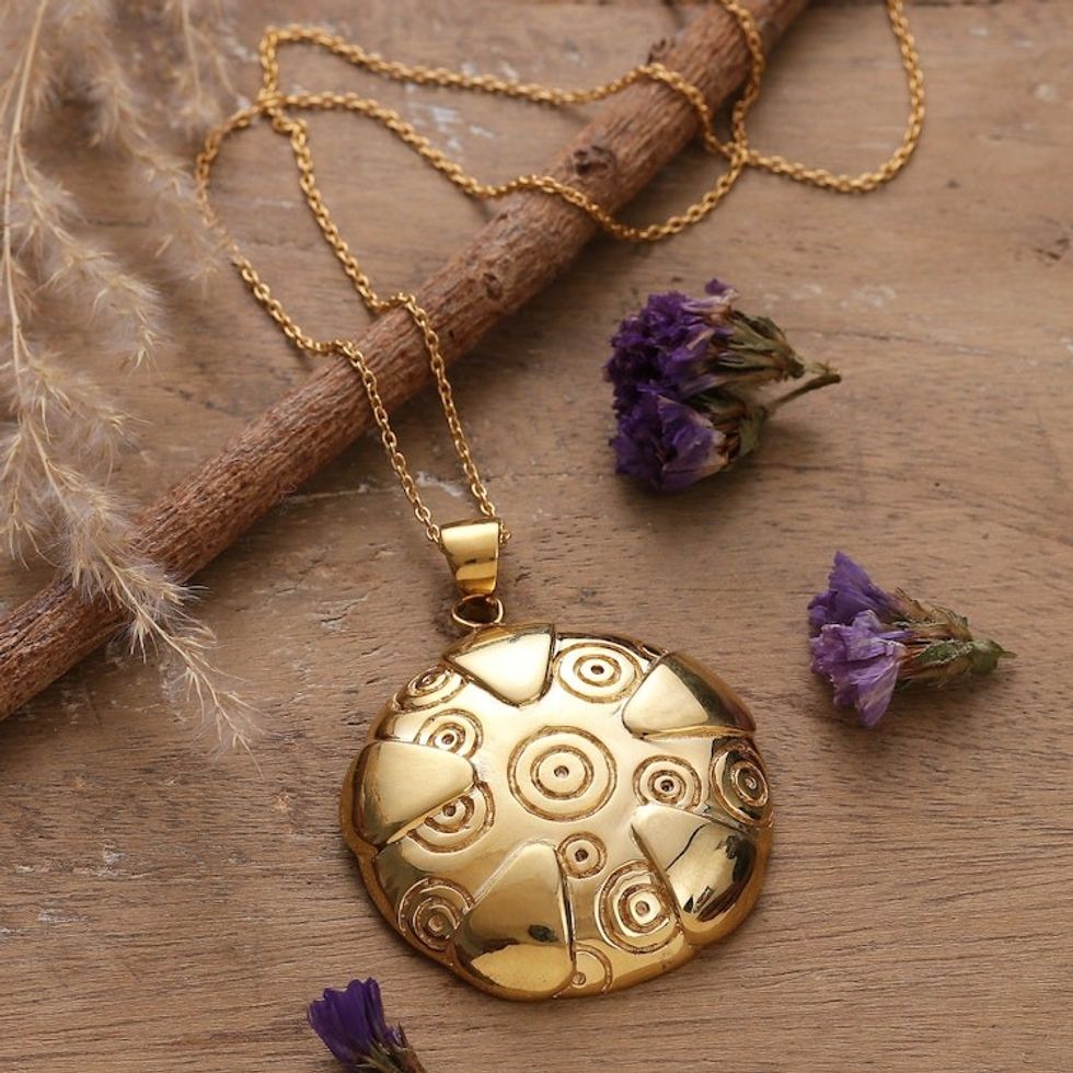 Brass Pendant Necklace with Engraved Patterns from India 'Symphony of Balance'