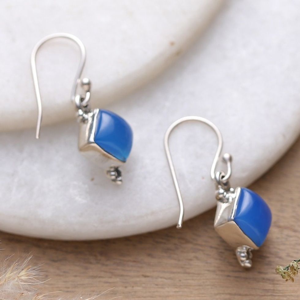 Polished Chalcedony Cabochon Dangle Earrings from India 'Healing Jewels'