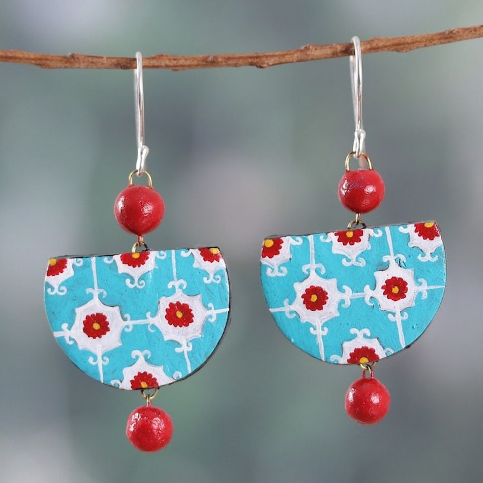Floral Turquoise and Red Ceramic Dangle Earrings from India 'Moroccan Expression'