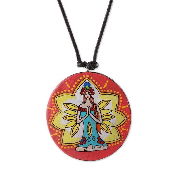 Alternate image for Painted Meditation-Themed Round Ceramic Pendant Necklace Meditative Maiden