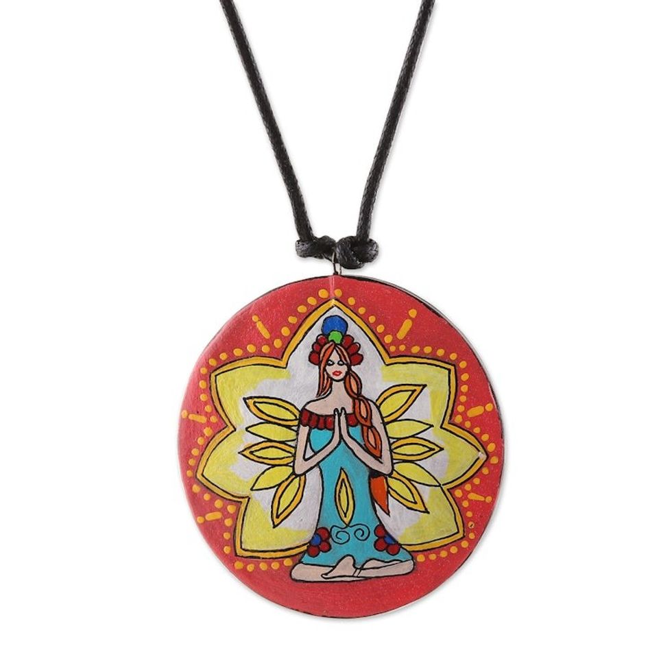 Painted Meditation-Themed Round Ceramic Pendant Necklace 'Meditative Maiden'