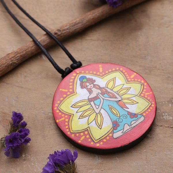 Alternate image for Painted Meditation-Themed Round Ceramic Pendant Necklace Meditative Maiden