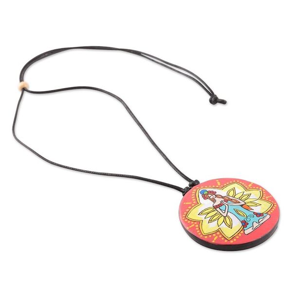 Alternate image for Painted Meditation-Themed Round Ceramic Pendant Necklace Meditative Maiden