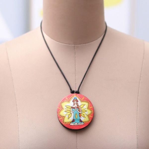 Alternate image for Painted Meditation-Themed Round Ceramic Pendant Necklace Meditative Maiden