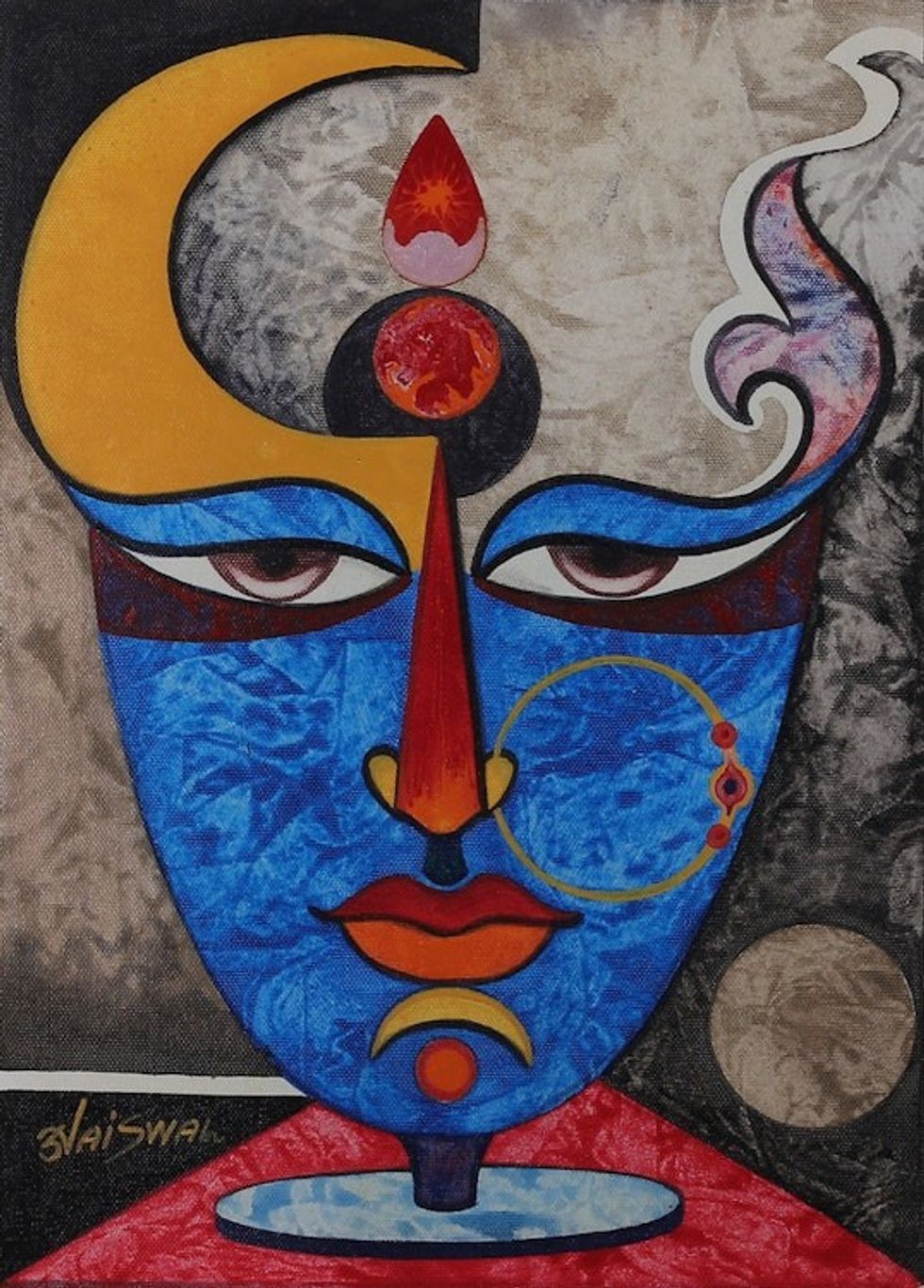 Signed Expressionist Traditional Acrylic Kushmanda Painting 'Kushmanda Devi'