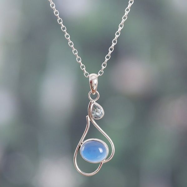 Alternate image for Polished Chalcedony and Blue Topaz Pendant Necklace Harmonious Blue