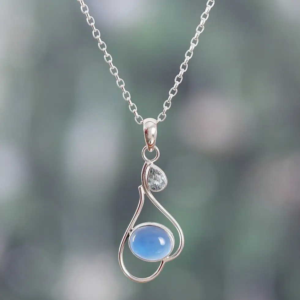 Polished Chalcedony and Blue Topaz Pendant Necklace 'Harmonious Blue'