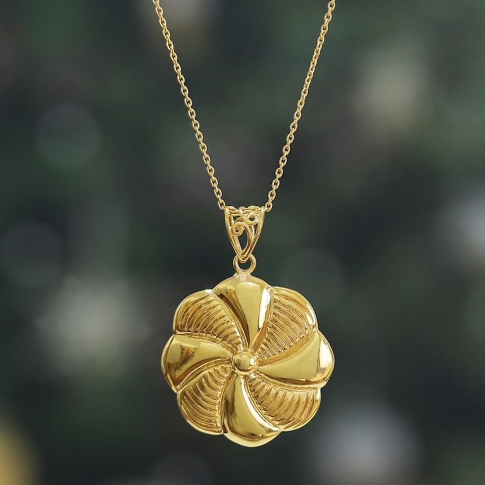 High-Polished Floral Brass Pendant Necklace from India 'Glory of the Bloom'