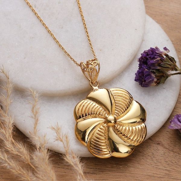 Alternate image for High-Polished Floral Brass Pendant Necklace from India Glory of the Bloom