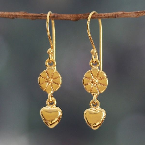 Alternate image for Flower and Heart-Themed Polished Brass Dangle Earrings Floral Incantation
