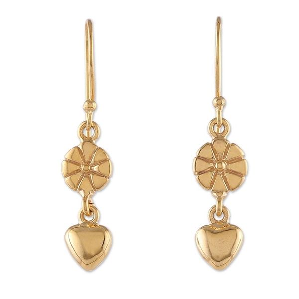 Alternate image for Flower and Heart-Themed Polished Brass Dangle Earrings Floral Incantation