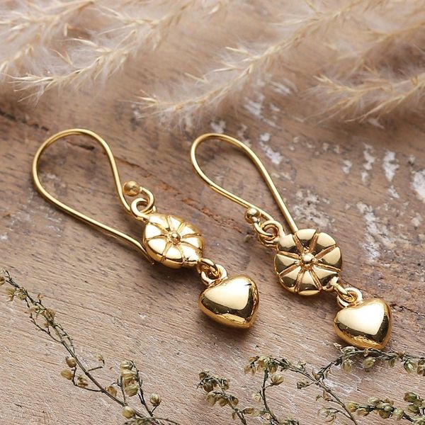 Alternate image for Flower and Heart-Themed Polished Brass Dangle Earrings Floral Incantation