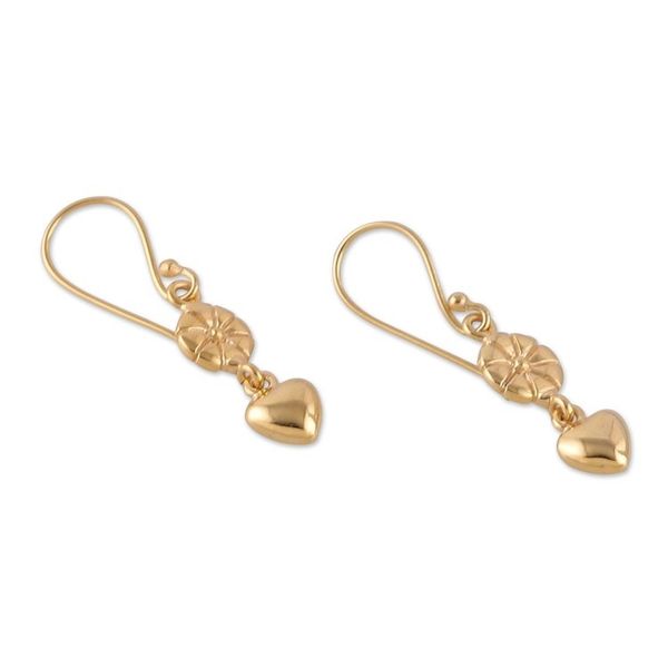 Alternate image for Flower and Heart-Themed Polished Brass Dangle Earrings Floral Incantation