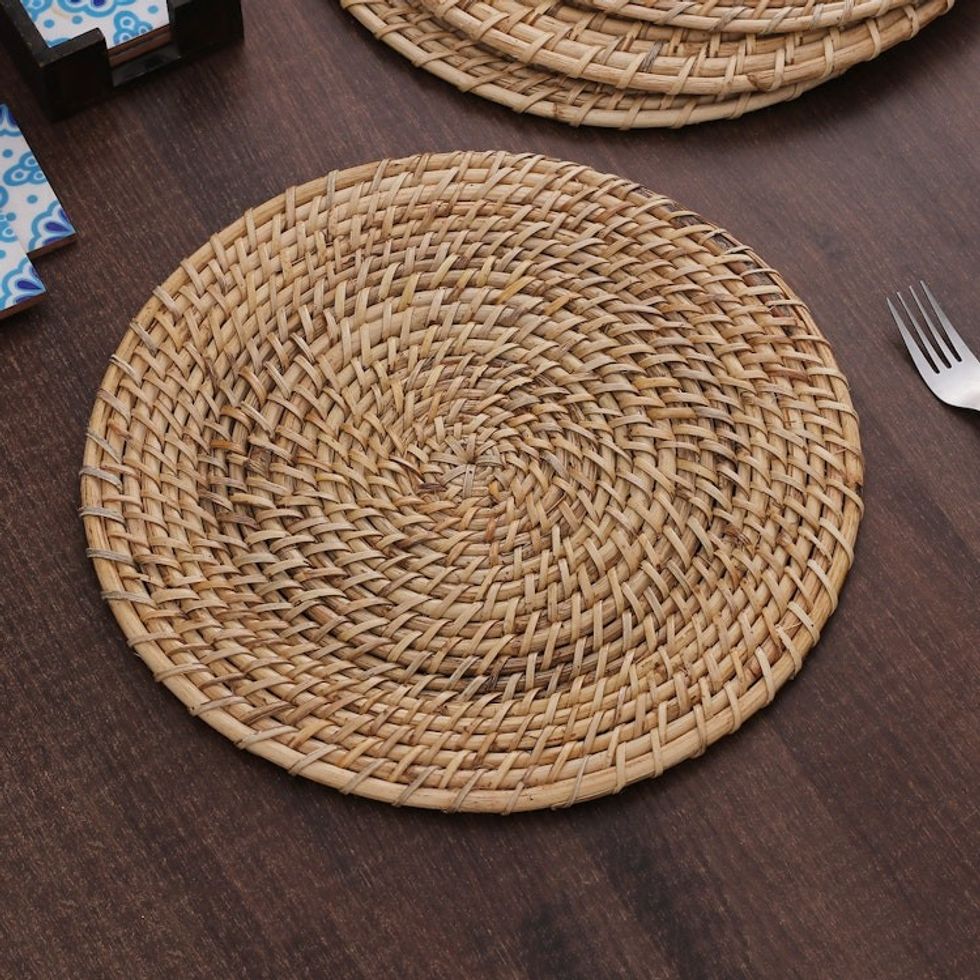 Set of Four Handwoven Round Natural Cane Fiber Placemats 'Natural Flair'