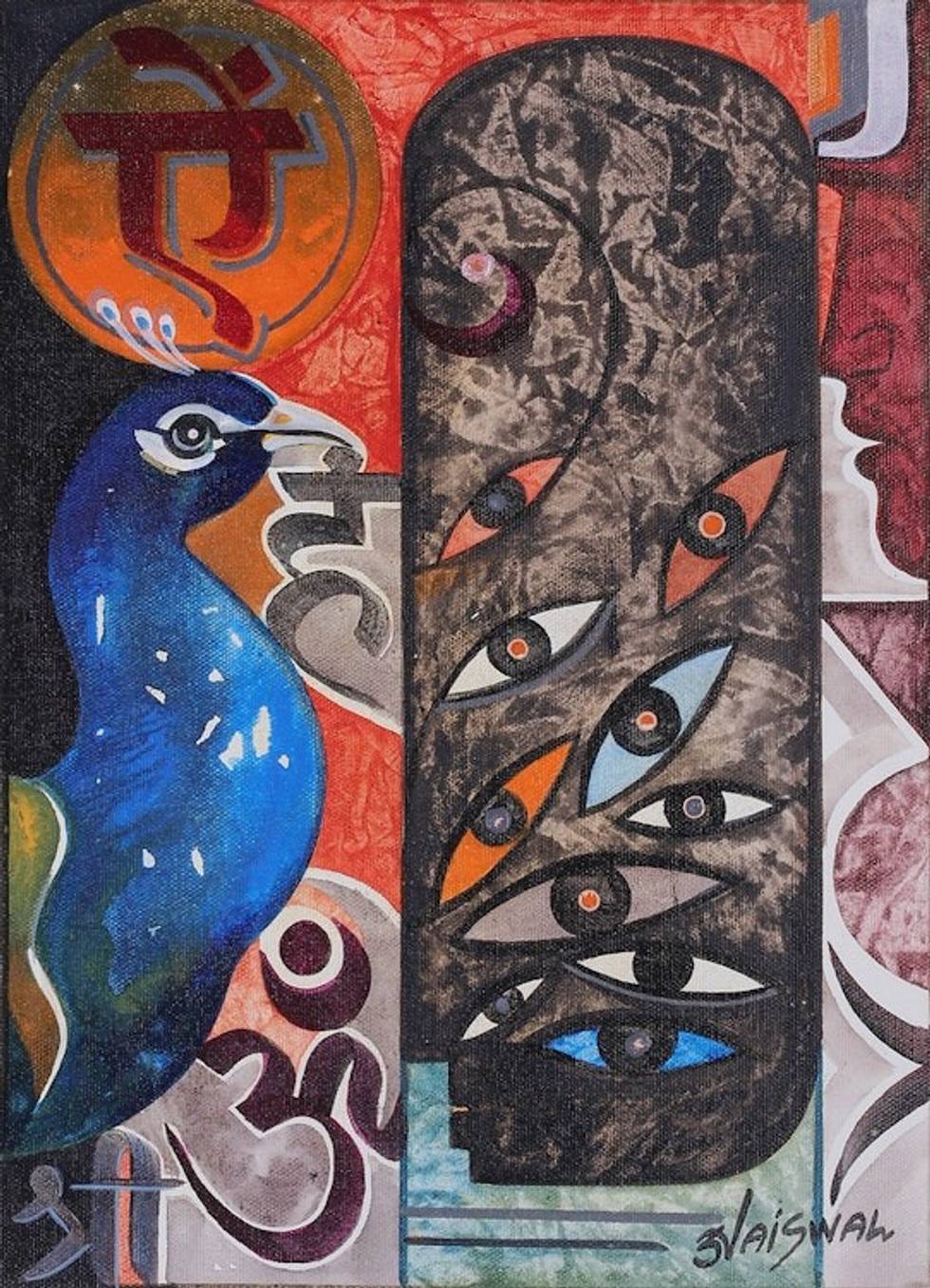 Signed Expressionist Spiritual Acrylic Painting from India 'Shivoham'