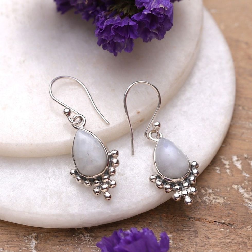 Sterling Silver and Rainbow Moonstone Dangle Earrings 'Misty Dream'