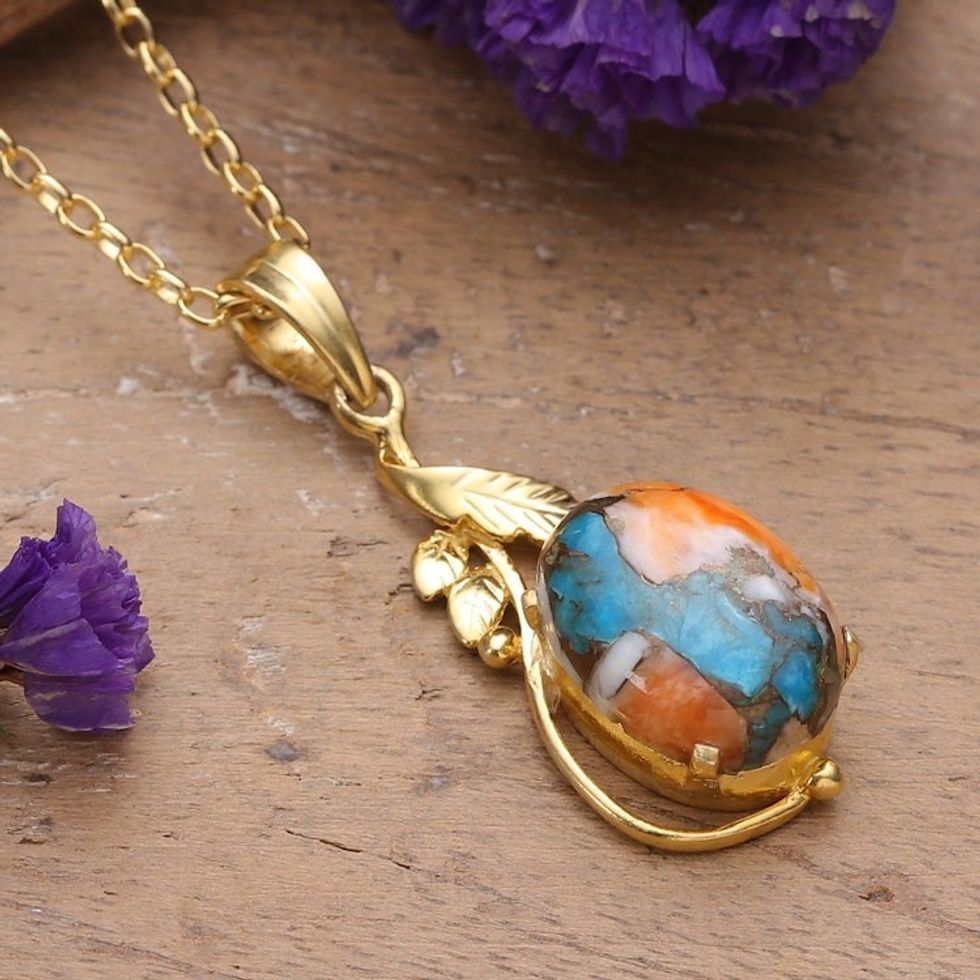 Leafy 22k Gold-Plated Composite Turquoise Pendant Necklace 'Distinguished Elegance'
