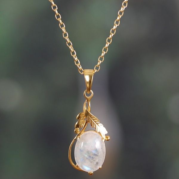 Alternate image for Leafy 22k Gold-Plated Rainbow Moonstone Pendant Necklace Ethereal Elegance