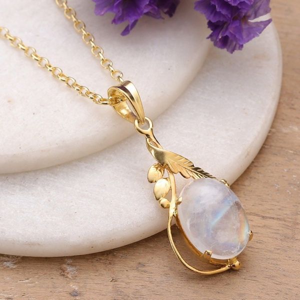 Alternate image for Leafy 22k Gold-Plated Rainbow Moonstone Pendant Necklace Ethereal Elegance