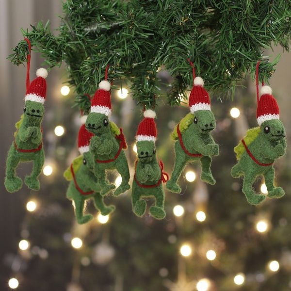Alternate image for Set of 4 Dinosaur Ornaments Wool Felt Handmade Dashing Dinos