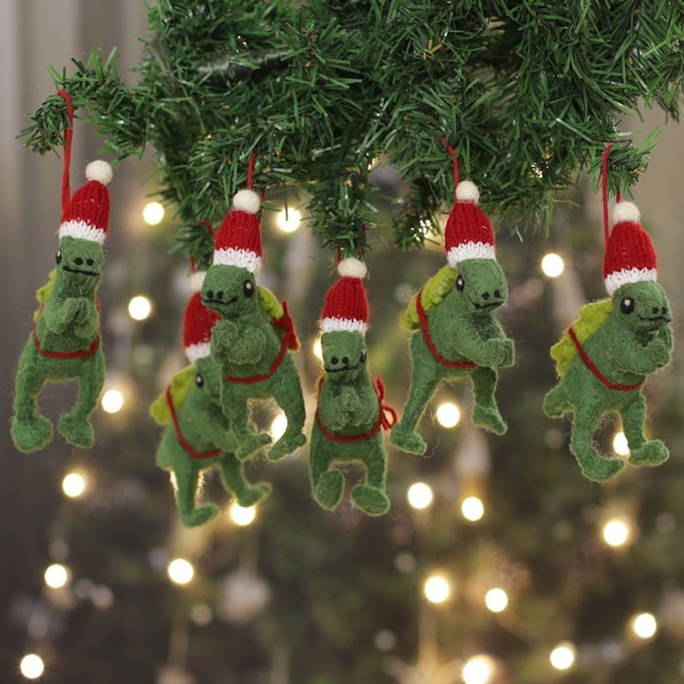 Set of 4 Dinosaur Ornaments Wool Felt Handmade 'Dashing Dinos'