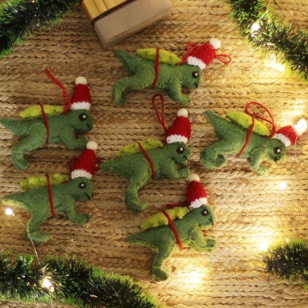Alternate image for Set of 4 Dinosaur Ornaments Wool Felt Handmade Dashing Dinos