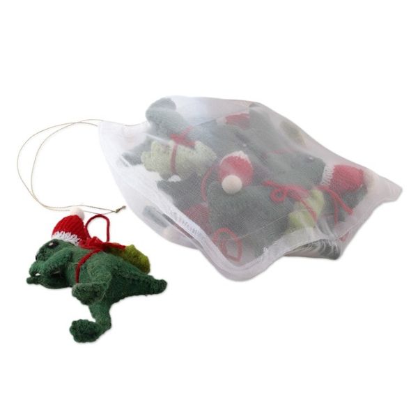Alternate image for Set of 4 Dinosaur Ornaments Wool Felt Handmade Dashing Dinos