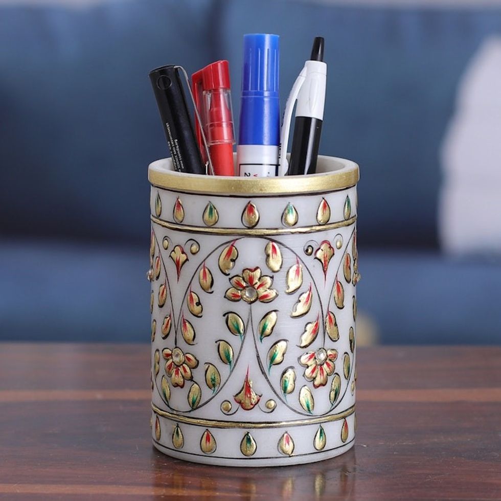 Hand-Painted Floral Golden-Toned Marble Pen Holder 'Garden Visions'