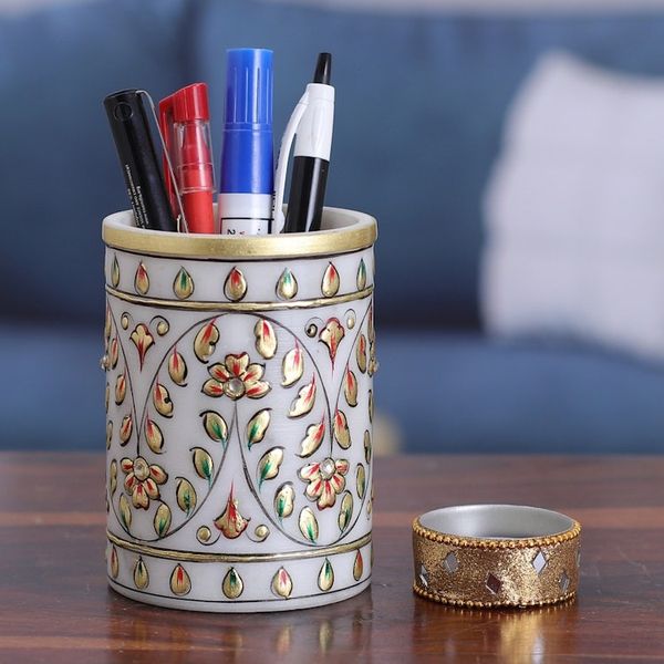 Alternate image for Hand-Painted Floral Golden-Toned Marble Pen Holder Garden Visions
