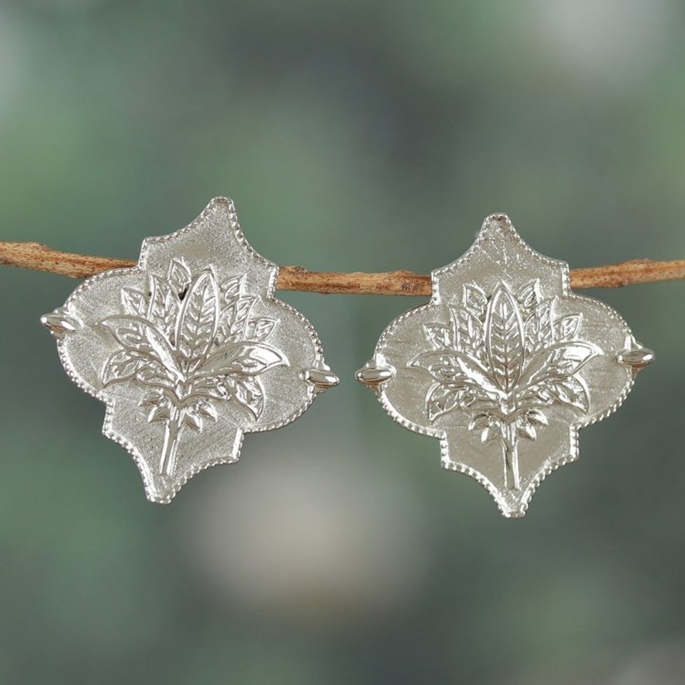 Lotus-Themed Classic Polished Sterling Silver Drop Earrings 'Lotus Reign'