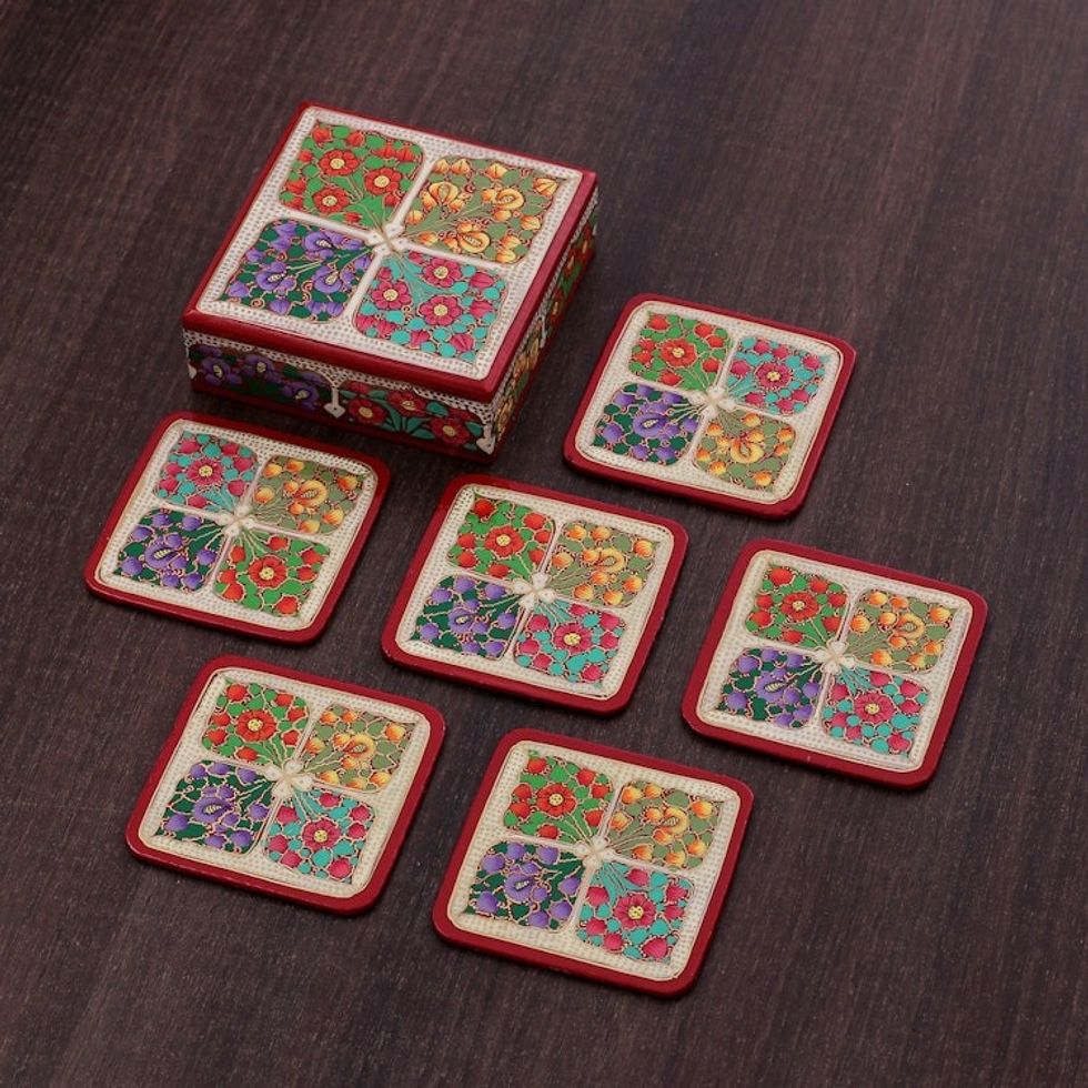 Set of 6 Floral Painted Red Wood and Papier Mache Coasters 'Lovely Elixir'