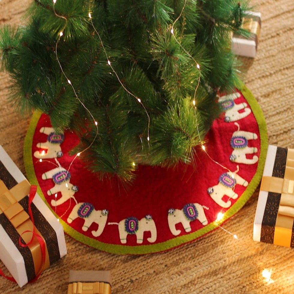 Handmade Elephant-Themed Red and Green Wool Felt Tree Skirt 'Christmas Giants'