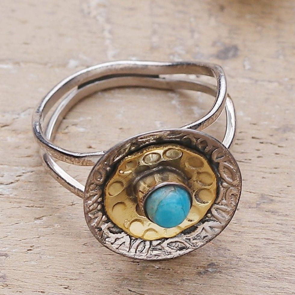 Reconstituted Turquoise Sterling Silver Brass Cocktail Ring 'Sky Bloom'