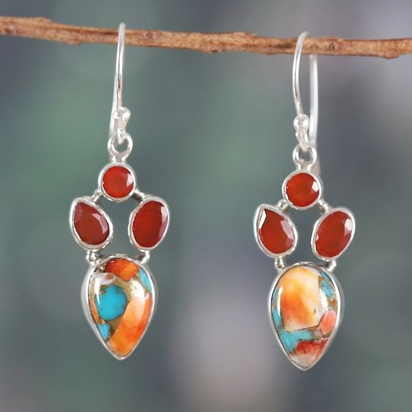 Alternate image for Carnelian and Composite Turquoise Dangle Earrings from India Song of Fire