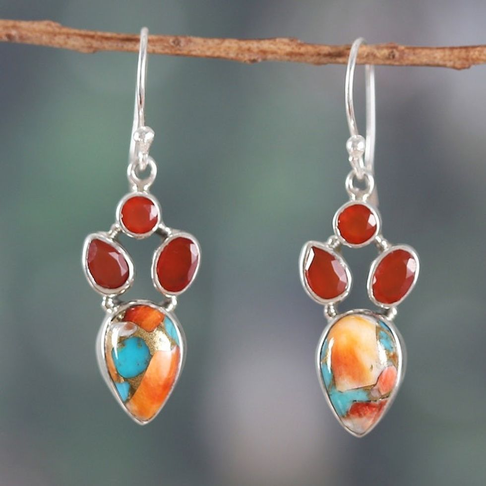 Carnelian and Composite Turquoise Dangle Earrings from India 'Song of Fire'