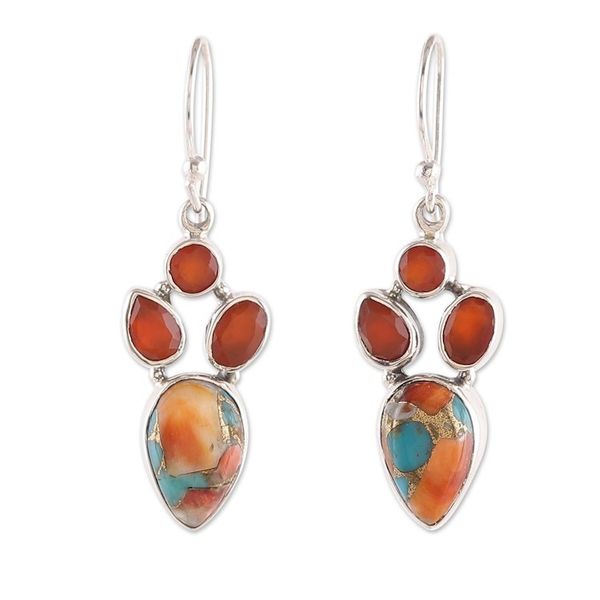 Alternate image for Carnelian and Composite Turquoise Dangle Earrings from India Song of Fire