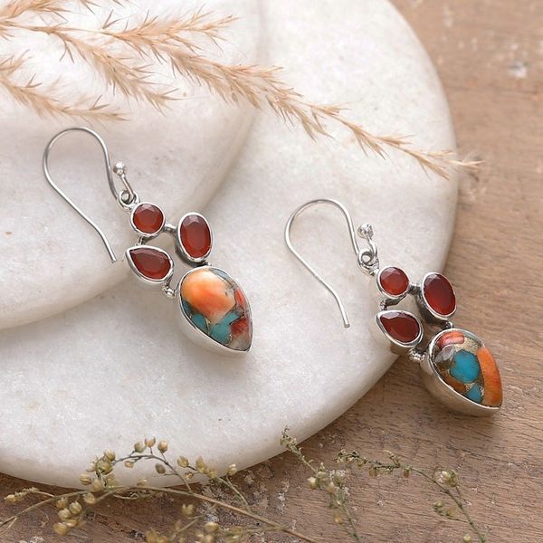 Alternate image for Carnelian and Composite Turquoise Dangle Earrings from India Song of Fire