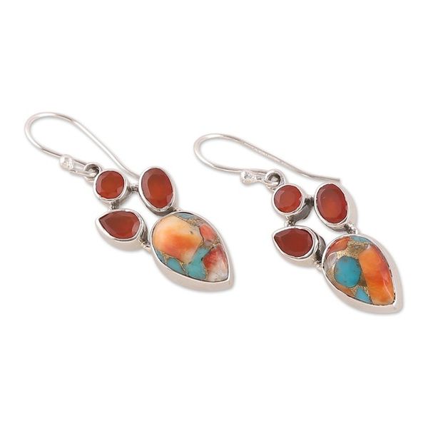 Alternate image for Carnelian and Composite Turquoise Dangle Earrings from India Song of Fire