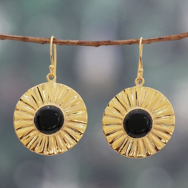 Alternate image for Sun-Themed Polished Brass and Onyx Dangle Earrings Solar Mysticism