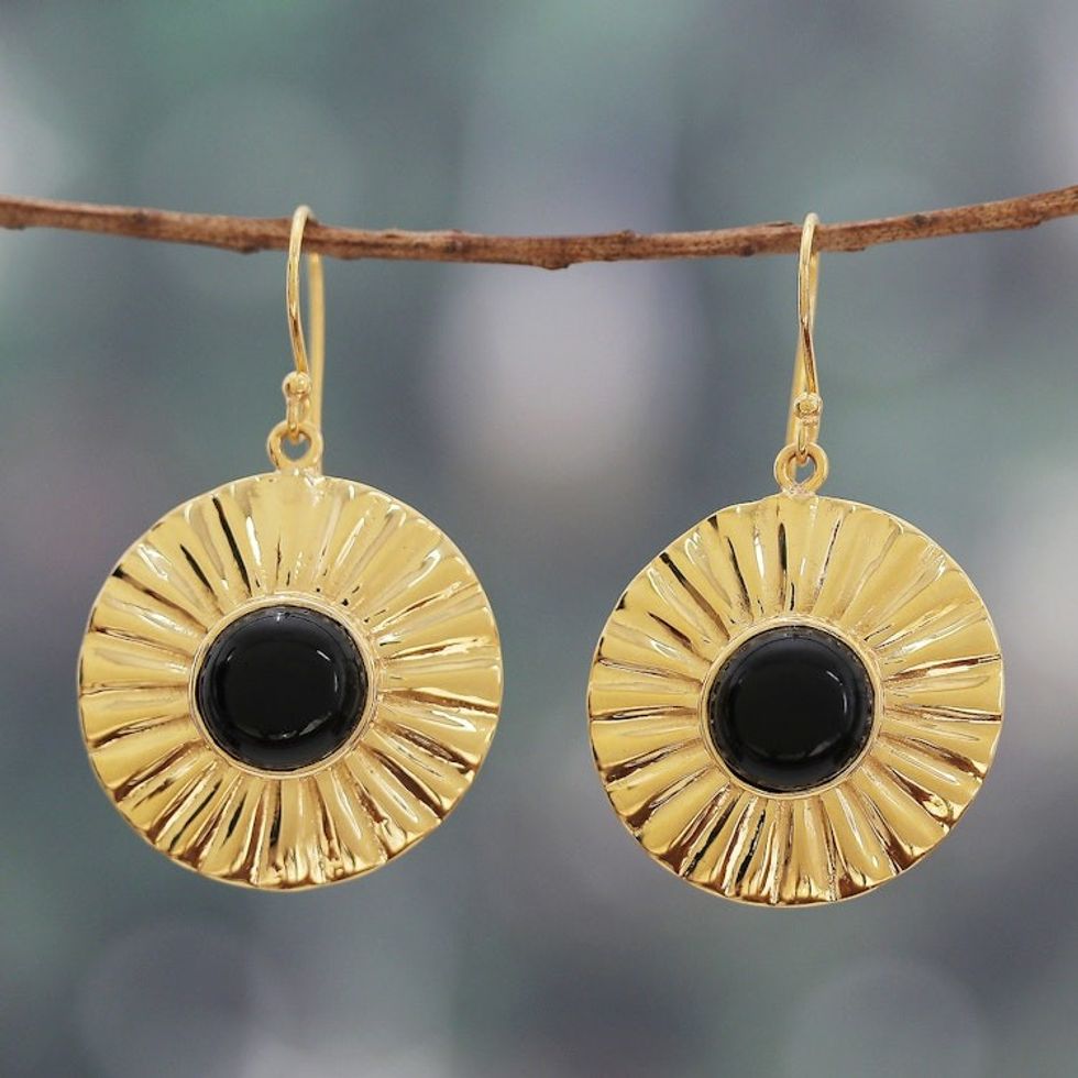 Sun-Themed Polished Brass and Onyx Dangle Earrings 'Solar Mysticism'