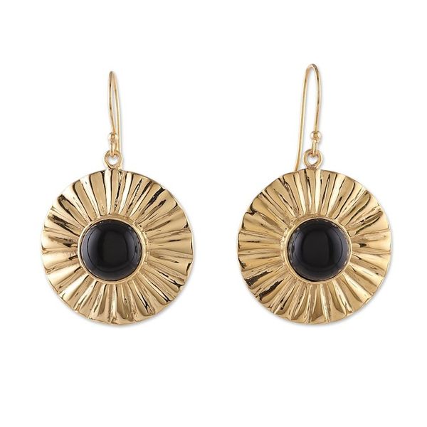 Alternate image for Sun-Themed Polished Brass and Onyx Dangle Earrings Solar Mysticism