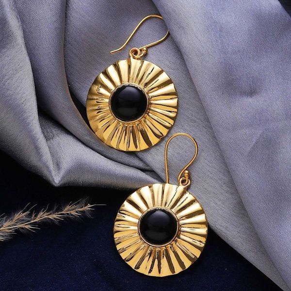 Alternate image for Sun-Themed Polished Brass and Onyx Dangle Earrings Solar Mysticism